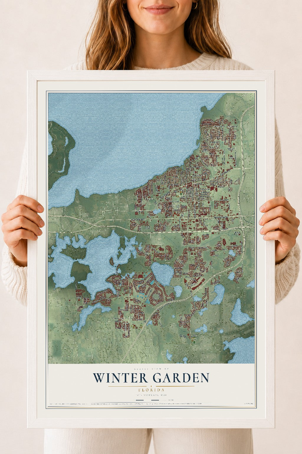Winter Garden, Florida map print, 18" x 24" W/ White Ayous Wood Frame mockup