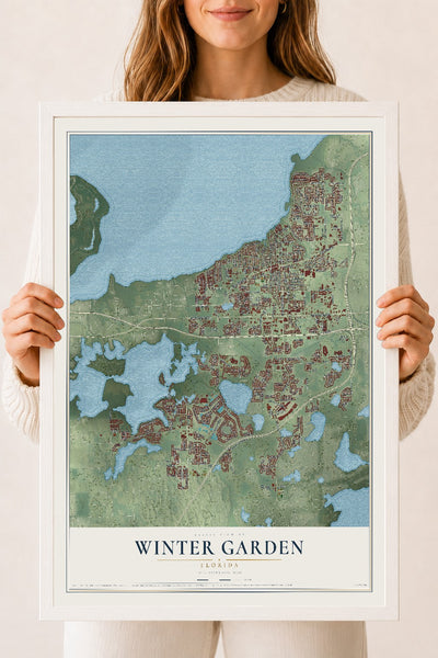 Winter Garden, Florida map print, 18" x 24" W/ White Ayous Wood Frame mockup