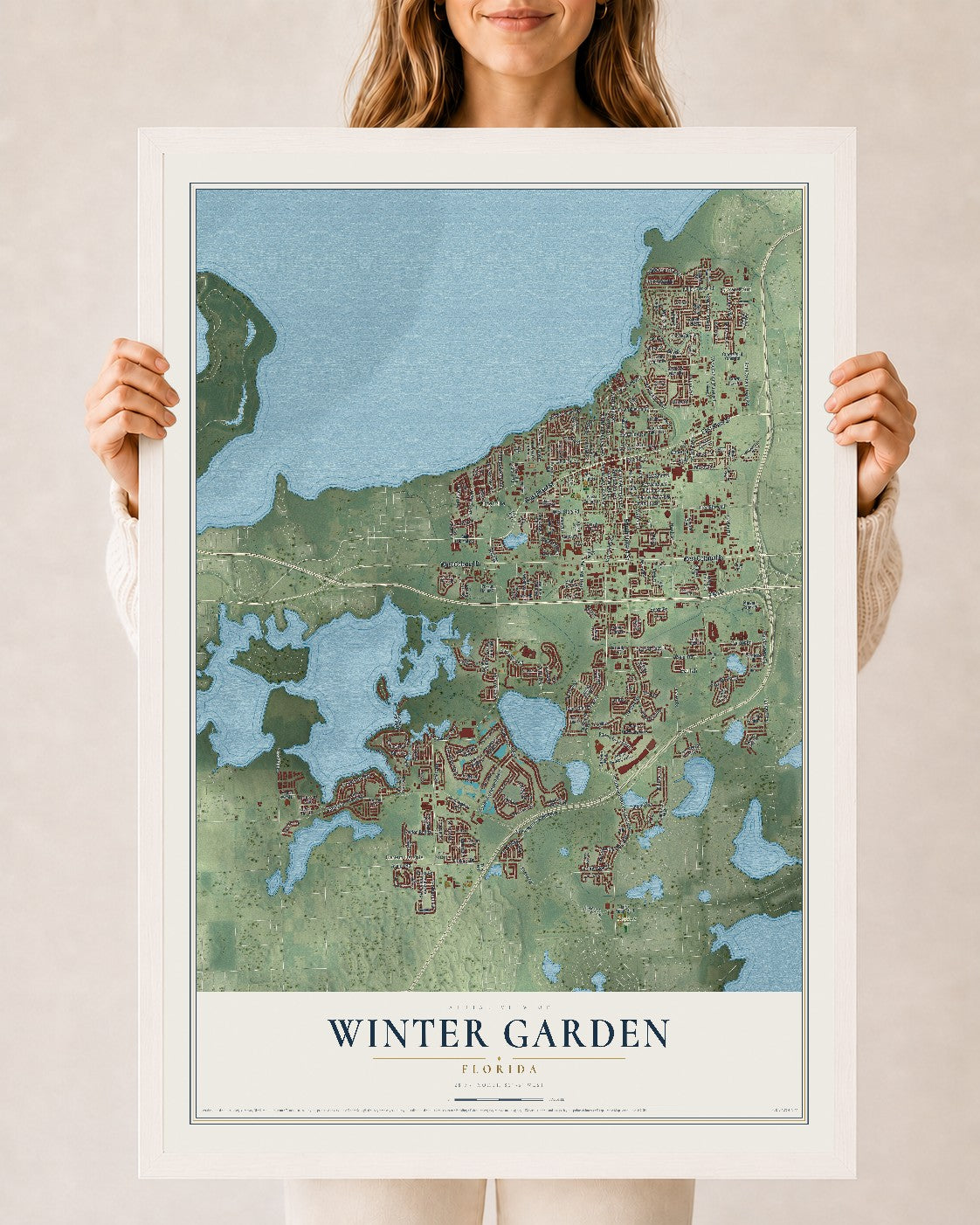 Winter Garden, Florida map print, 24" x 36" W/ White Ayous Wood Frame mockup