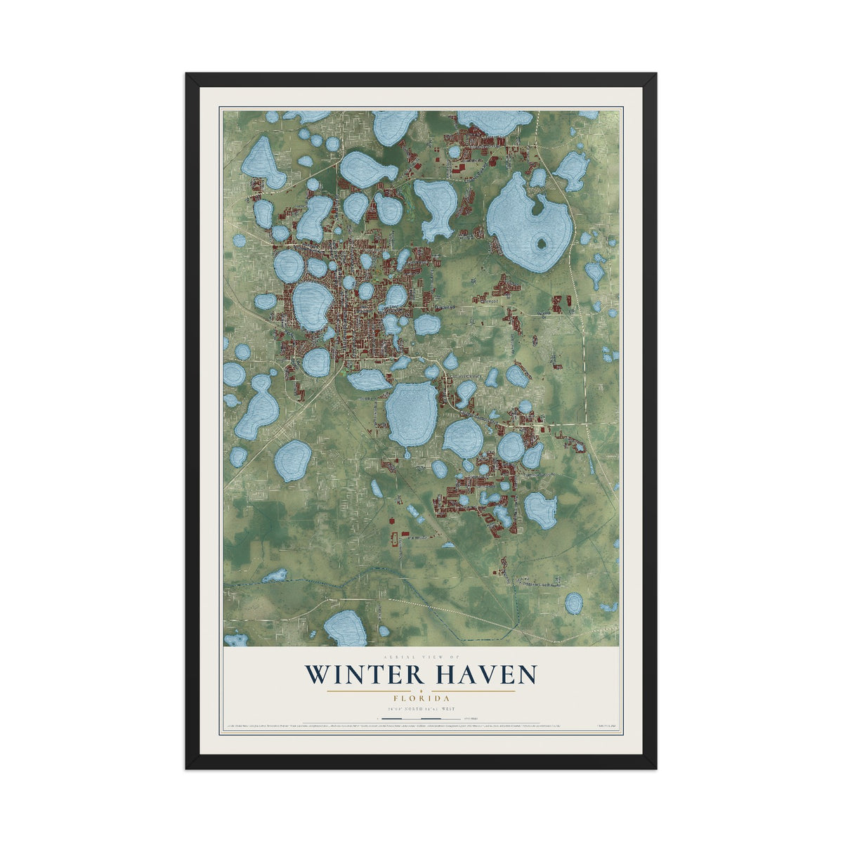 Winter Haven, Florida map print, 12" x 18" W/ Black Ayous Wood Frame mockup