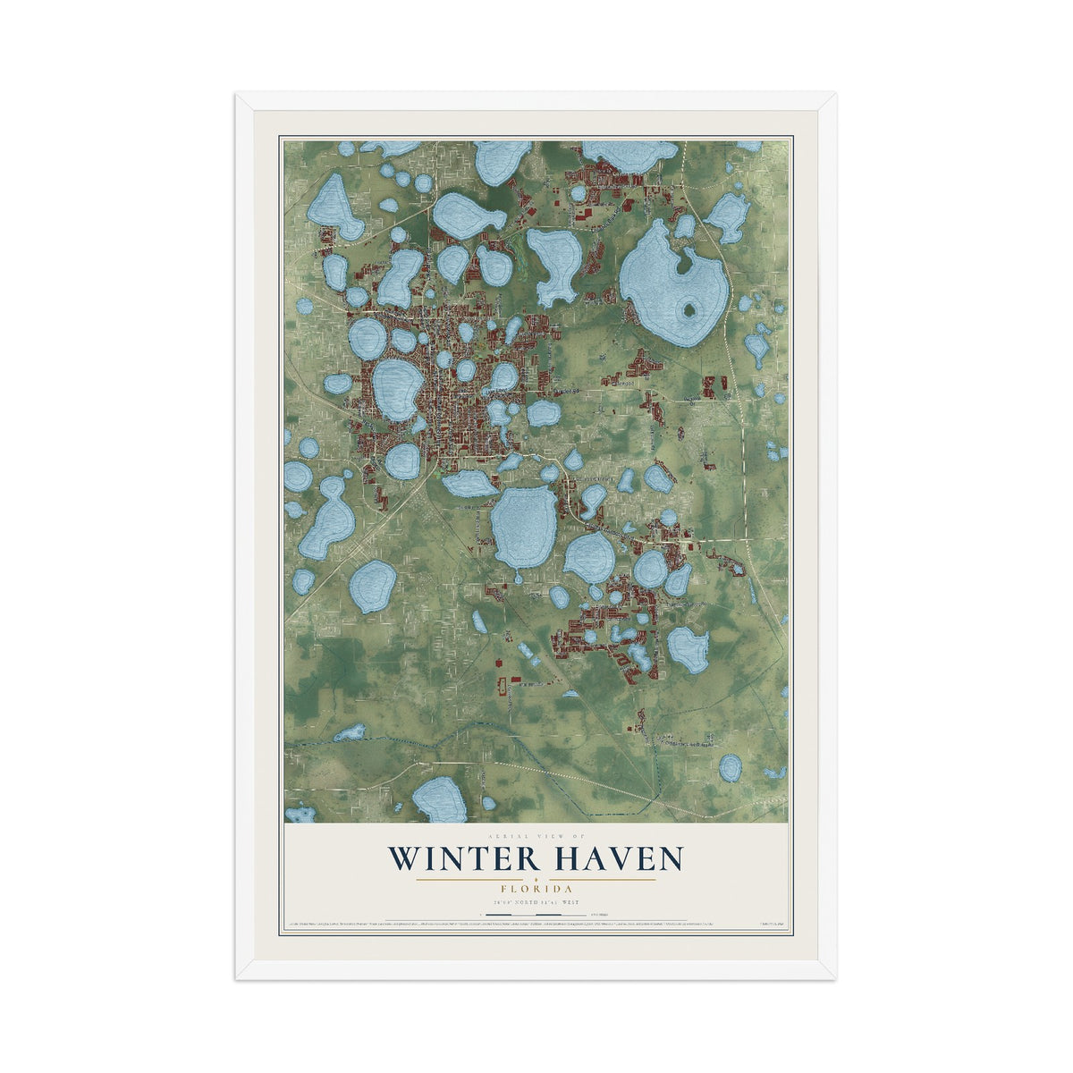 Winter Haven, Florida map print, 12" x 18" W/ White Ayous Wood Frame mockup