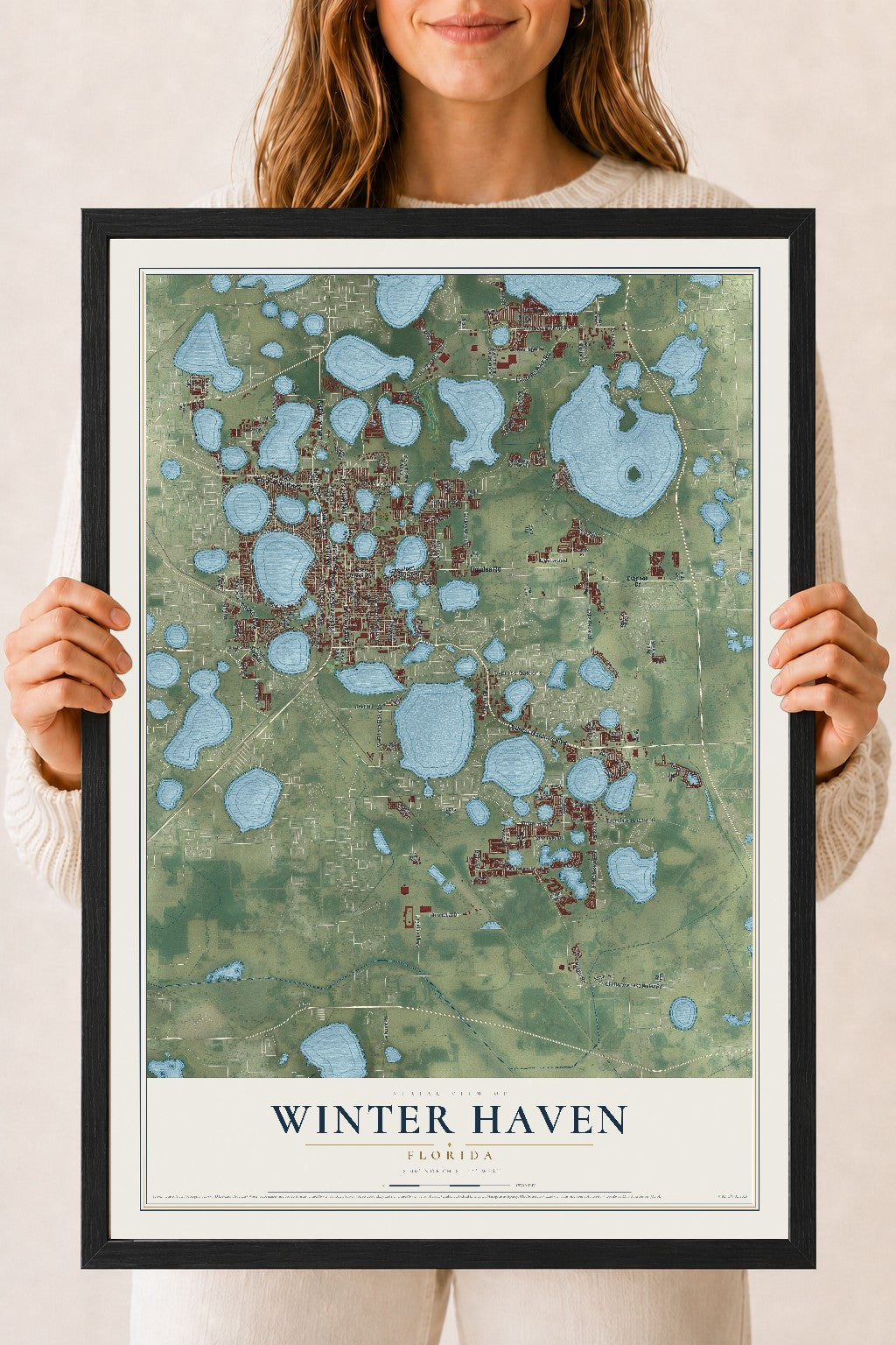 Winter Haven, Florida map print, 18" x 24" W/ Black Ayous Wood Frame mockup