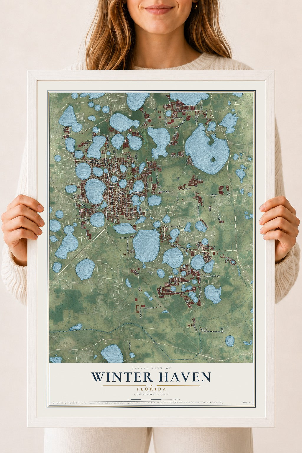 Winter Haven, Florida map print, 18" x 24" W/ White Ayous Wood Frame mockup