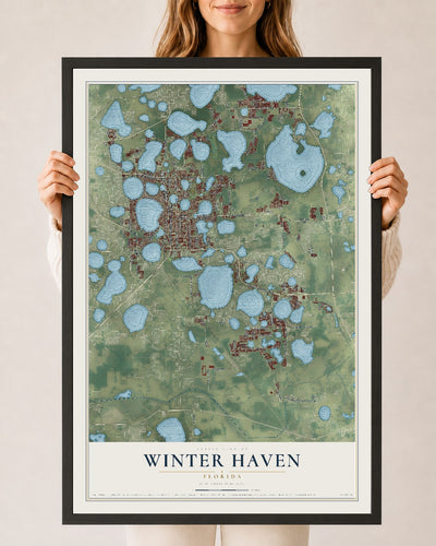 Winter Haven, Florida map print, 24" x 36" W/ Black Ayous Wood Frame mockup