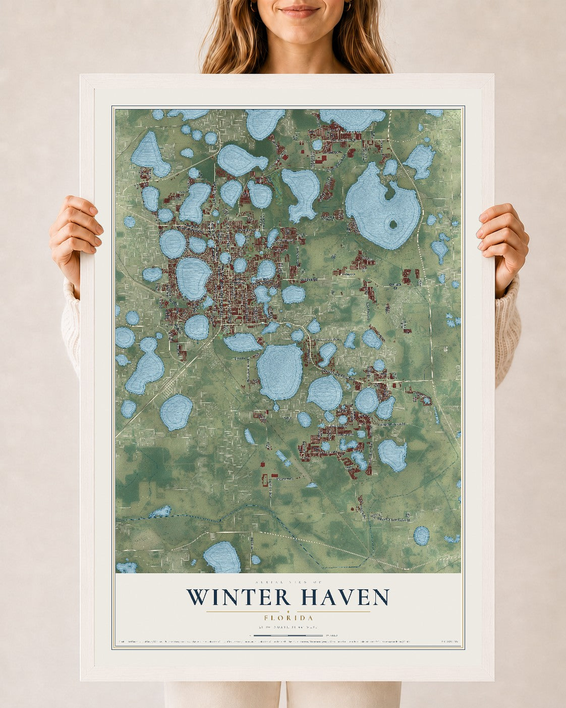Winter Haven, Florida map print, 24" x 36" W/ White Ayous Wood Frame mockup