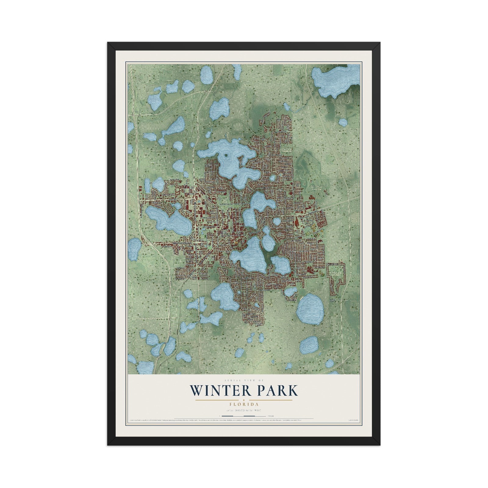 Winter Park, Florida map print, 12" x 18" W/ Black Ayous Wood Frame mockup