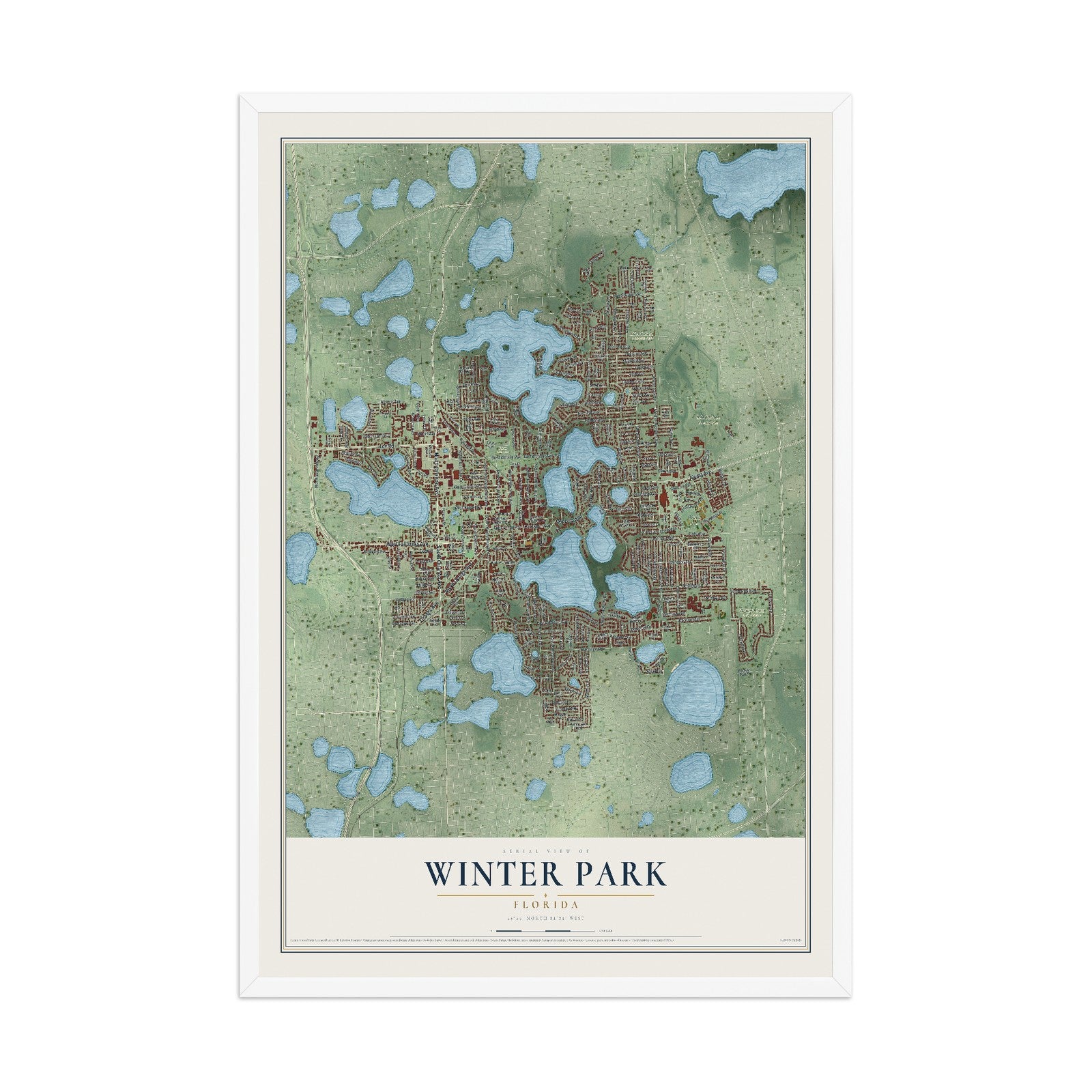 Winter Park, Florida map print, 12" x 18" W/ White Ayous Wood Frame mockup