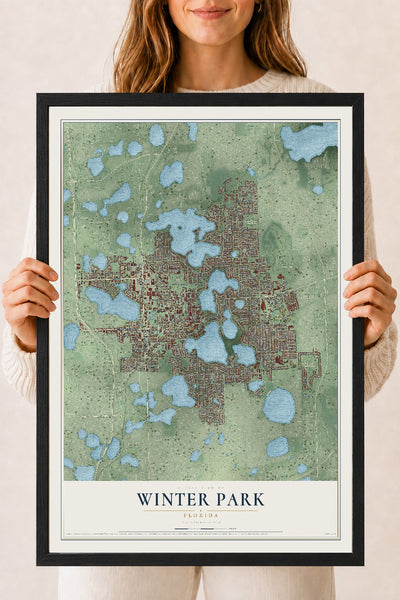 Winter Park, Florida map print, 18" x 24" W/ Black Ayous Wood Frame mockup