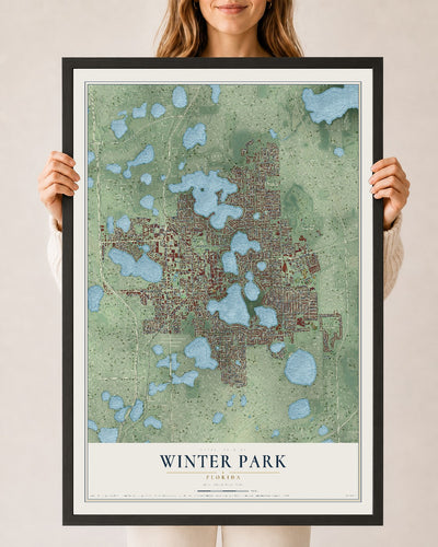 Winter Park, Florida map print, 24" x 36" W/ Black Ayous Wood Frame mockup