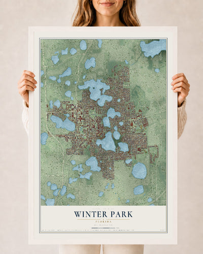 Winter Park, Florida map print, 24" x 36" W/ White Ayous Wood Frame mockup