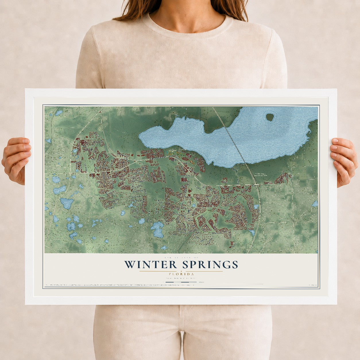Winter Springs, Florida map print, 12" x 18" W/ White Ayous Wood Frame mockup