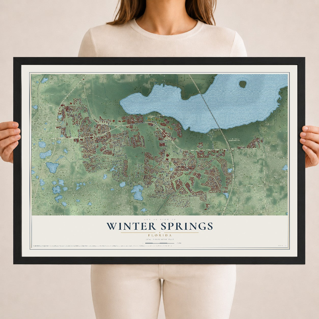 Winter Springs, Florida map print, 18" x 24" W/ Black Ayous Wood Frame mockup