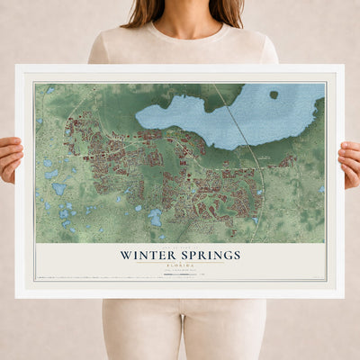 Winter Springs, Florida map print, 18" x 24" W/ White Ayous Wood Frame mockup
