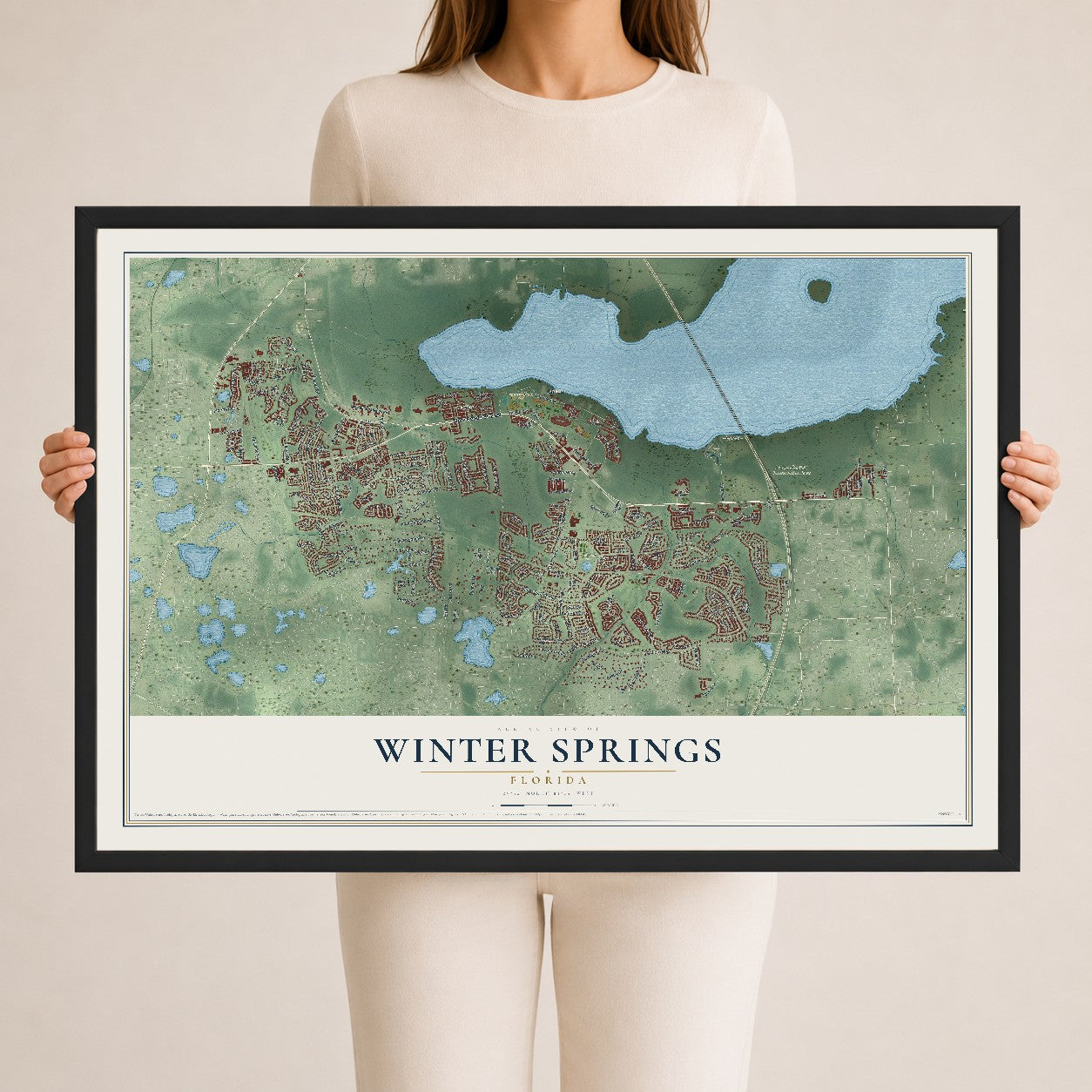 Winter Springs, Florida map print, 24" x 36" W/ Black Ayous Wood Frame mockup