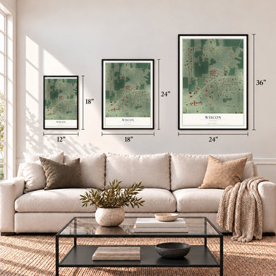 Wiscon, Florida map in 12 x 18, 18 x 24 and 24 x 36 inch sizes above a sofa