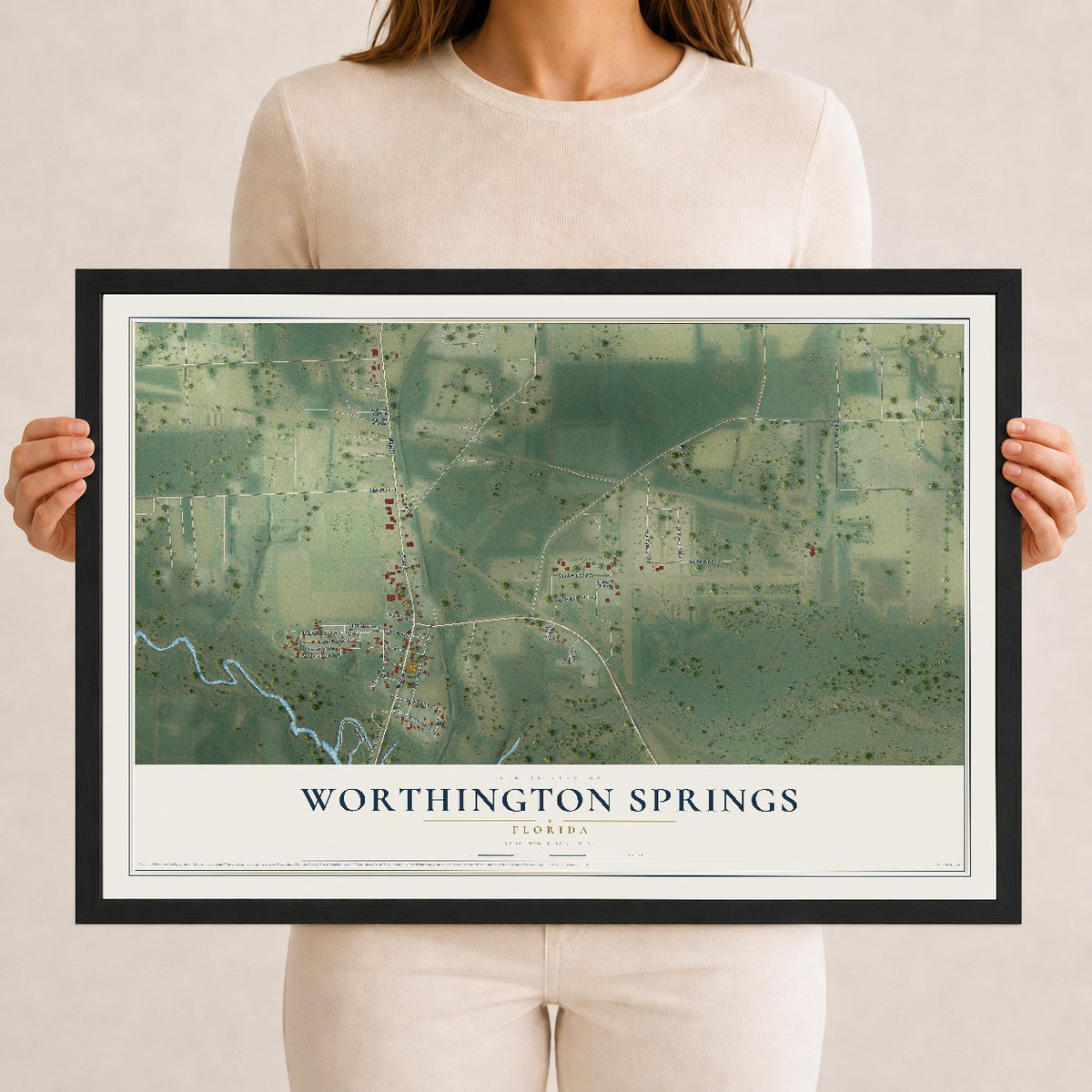 Worthington Springs, Florida map print, 12" x 18" W/ Black Ayous Wood Frame mockup