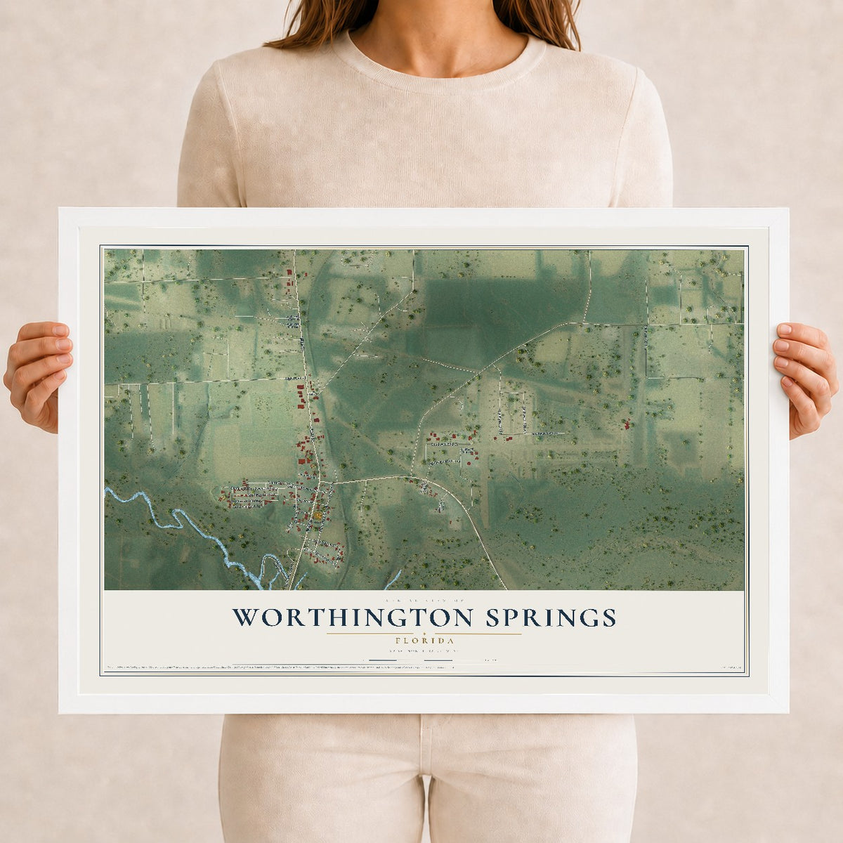 Worthington Springs, Florida map print, 12" x 18" W/ White Ayous Wood Frame mockup