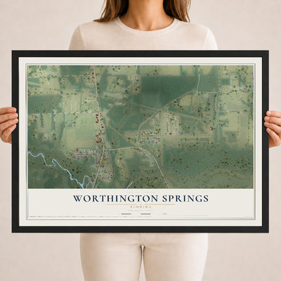 Worthington Springs, Florida map print, 18" x 24" W/ Black Ayous Wood Frame mockup