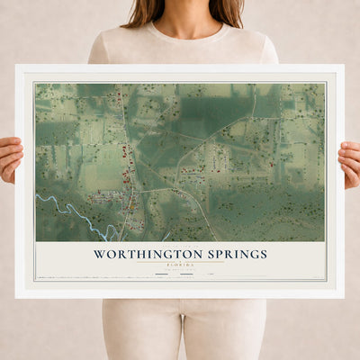 Worthington Springs, Florida map print, 18" x 24" W/ White Ayous Wood Frame mockup