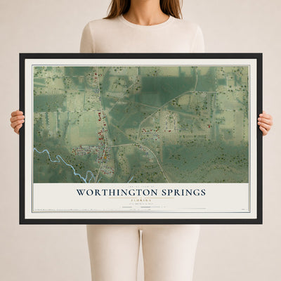 Worthington Springs, Florida map print, 24" x 36" W/ Black Ayous Wood Frame mockup