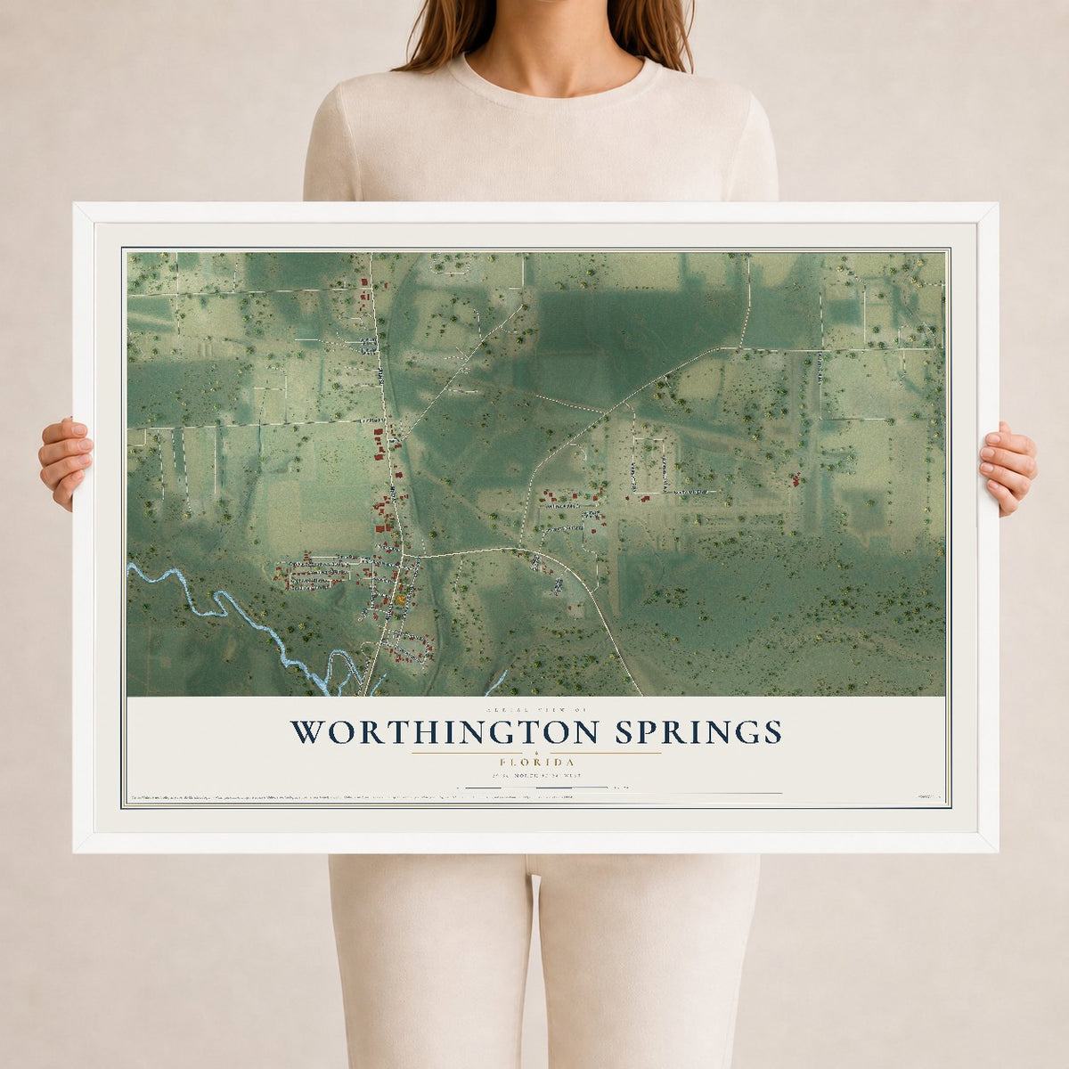 Worthington Springs, Florida map print, 24" x 36" W/ White Ayous Wood Frame mockup