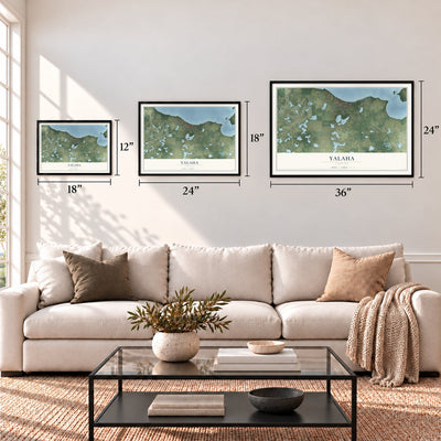 Yalaha, Florida map in 12 x 18, 18 x 24 and 24 x 36 inch sizes above a sofa
