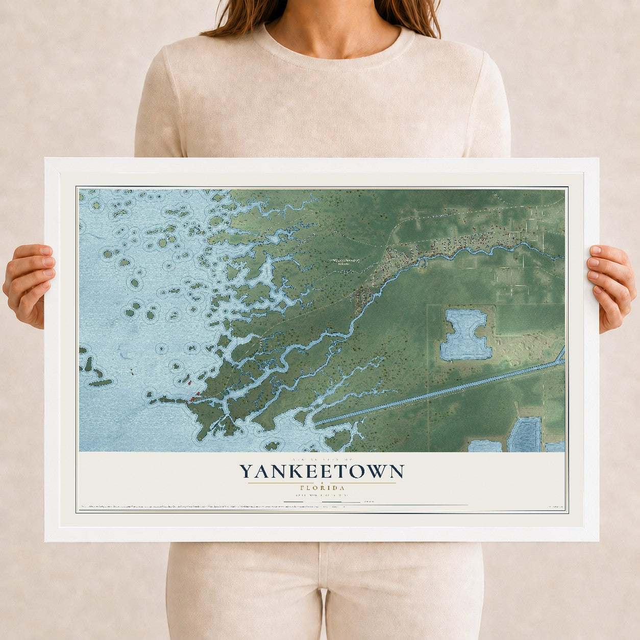 Yankeetown, Florida map print, 12" x 18" W/ White Ayous Wood Frame mockup