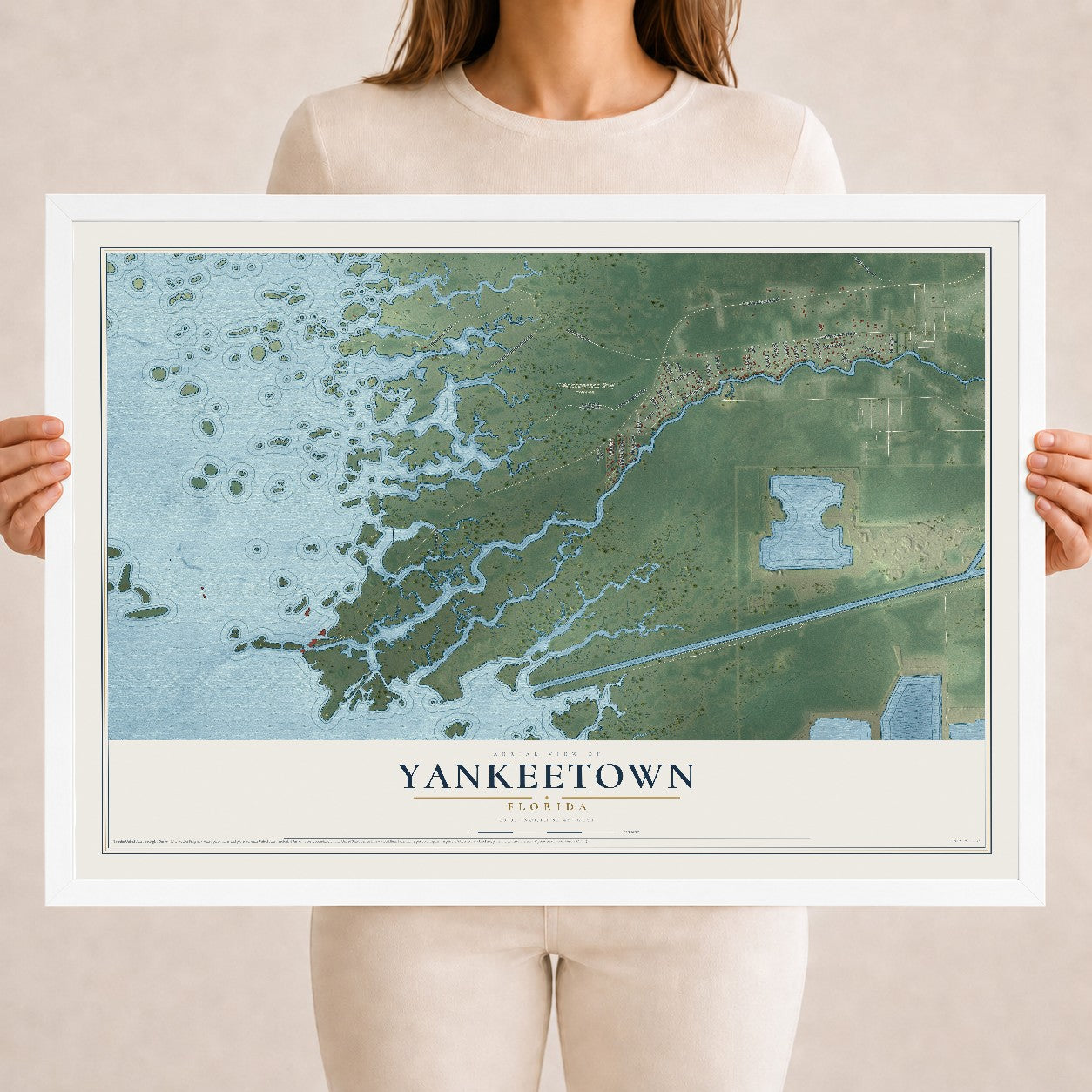 Yankeetown, Florida map print, 18" x 24" W/ White Ayous Wood Frame mockup