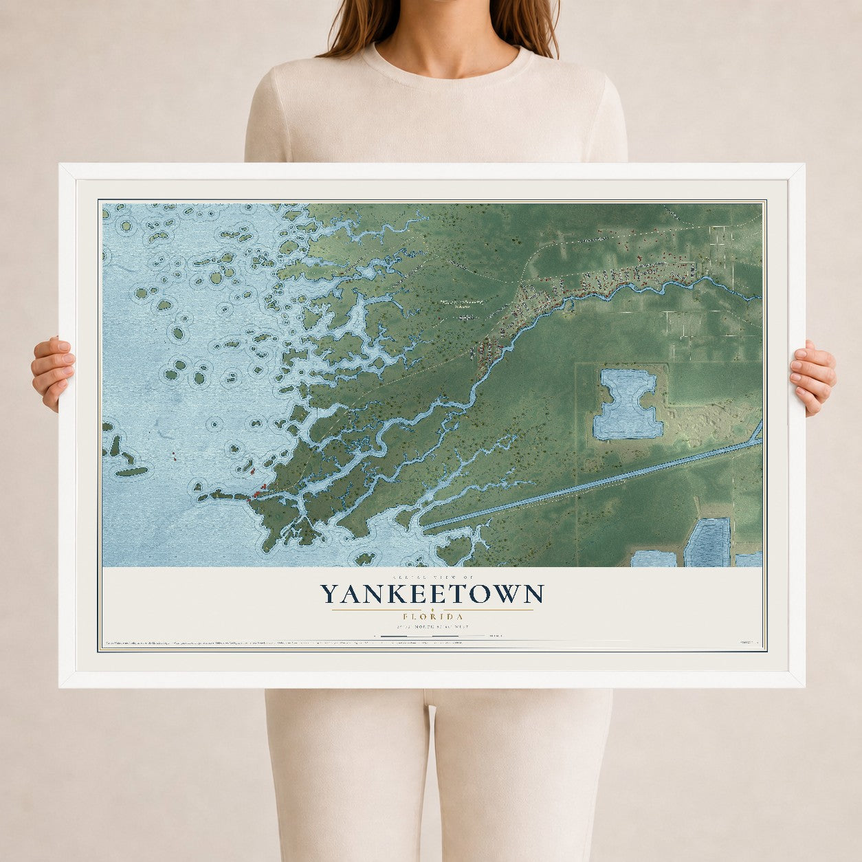 Yankeetown, Florida map print, 24" x 36" W/ White Ayous Wood Frame mockup