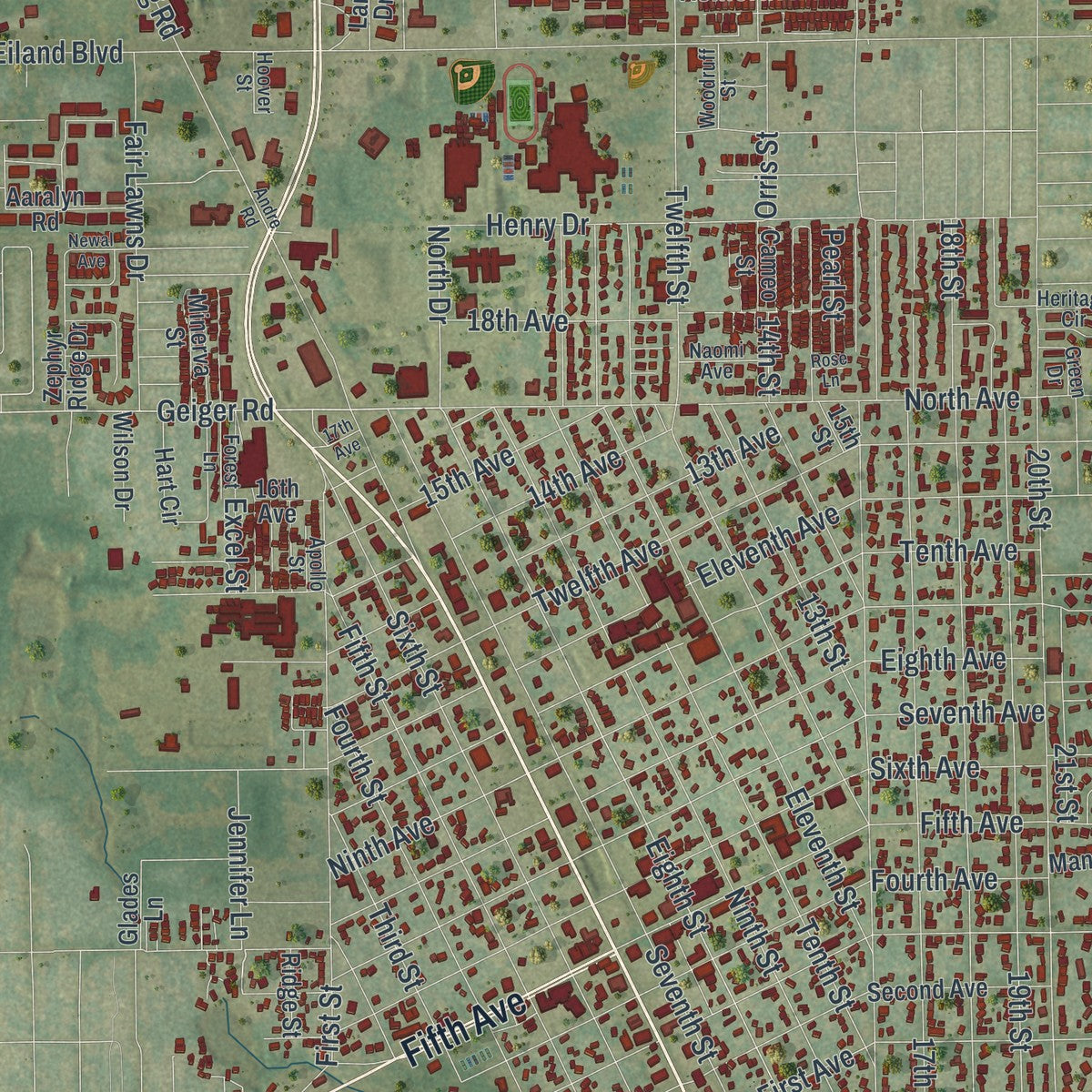 Close-up 1 of the Zephyrhills, Florida map artwork