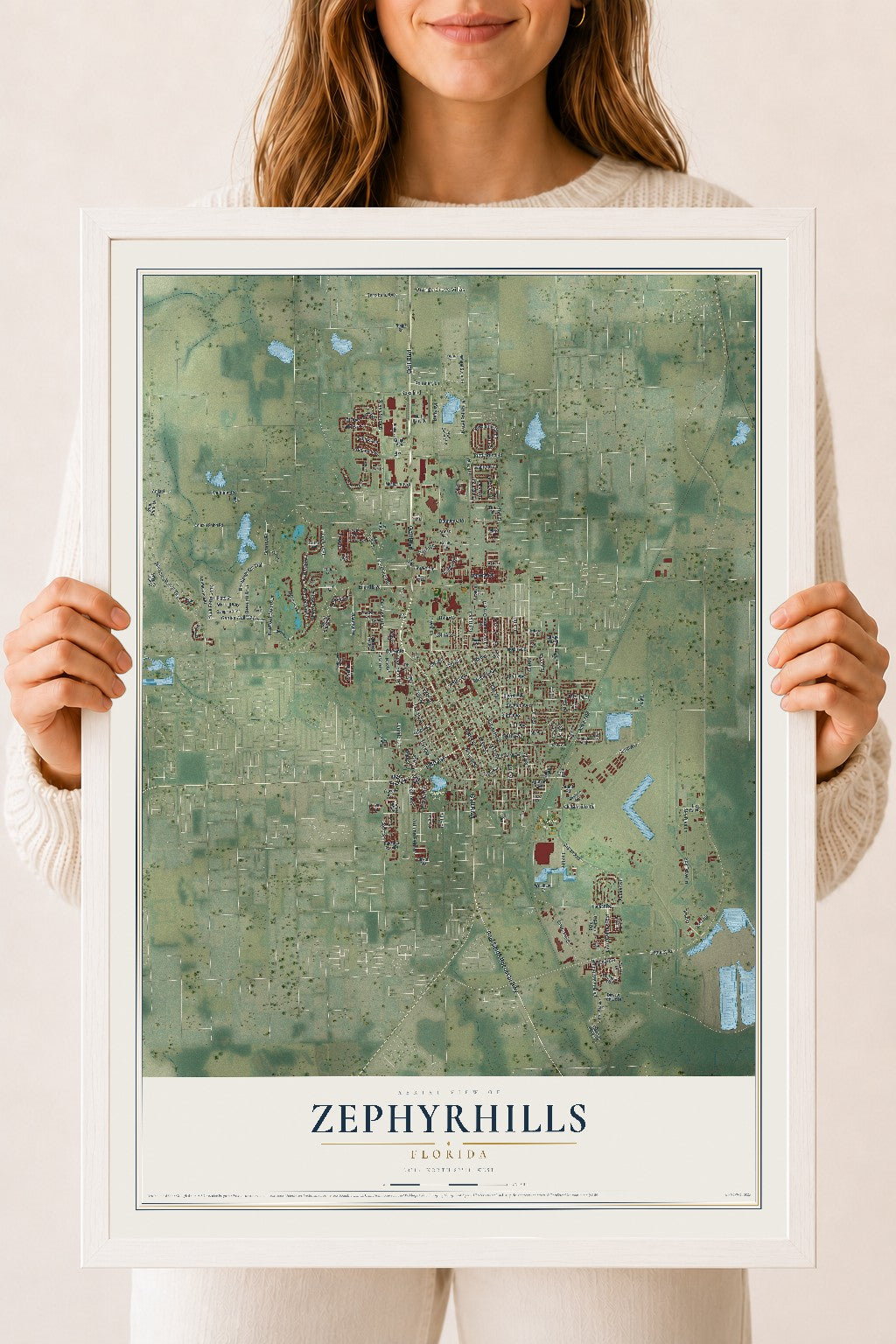 Zephyrhills, Florida map print, 18" x 24" W/ White Ayous Wood Frame mockup