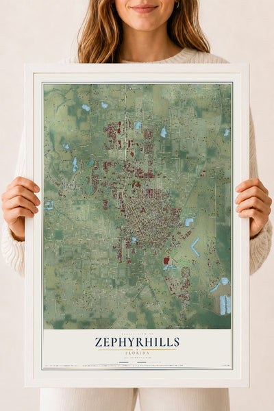 Zephyrhills, Florida map print, 18" x 24" W/ White Ayous Wood Frame mockup