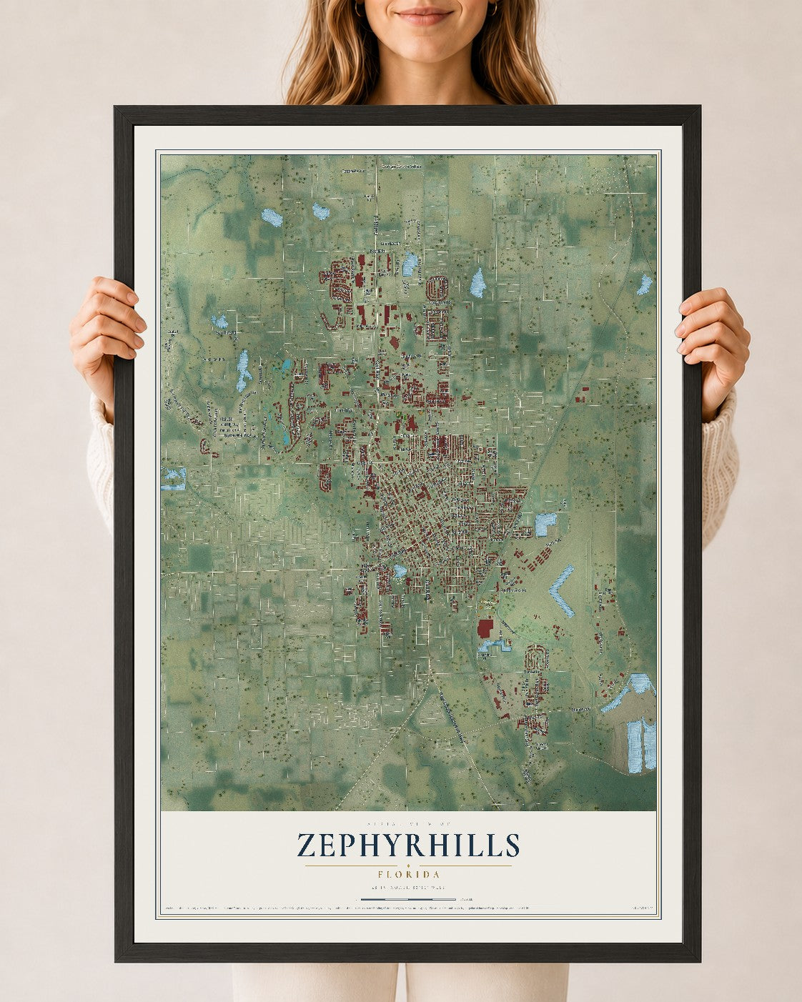 Zephyrhills, Florida map print, 24" x 36" W/ Black Ayous Wood Frame mockup