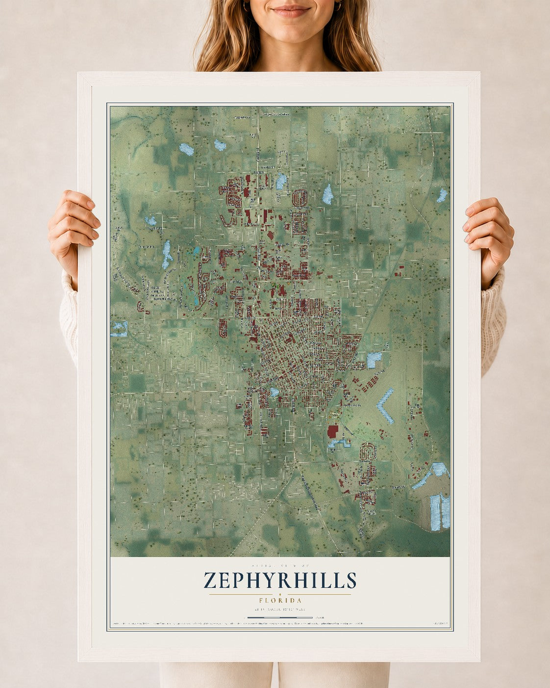 Zephyrhills, Florida map print, 24" x 36" W/ White Ayous Wood Frame mockup