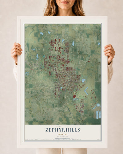 Zephyrhills, Florida map print, 24" x 36" W/ White Ayous Wood Frame mockup