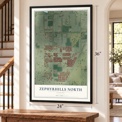 Zephyrhills North, Florida map, 24 x 36 inch print in a black frame by a staircase