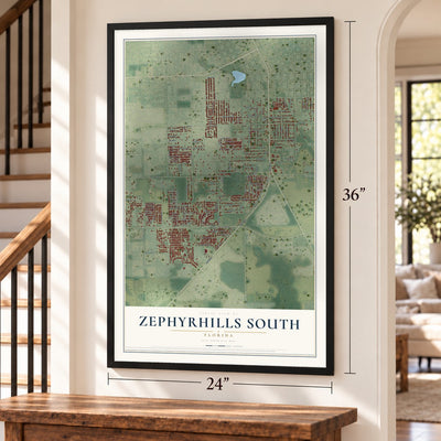 Zephyrhills South, Florida map, 24 x 36 inch print in a black frame by a staircase
