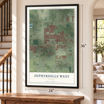 Zephyrhills West, Florida map, 24 x 36 inch print in a black frame by a staircase