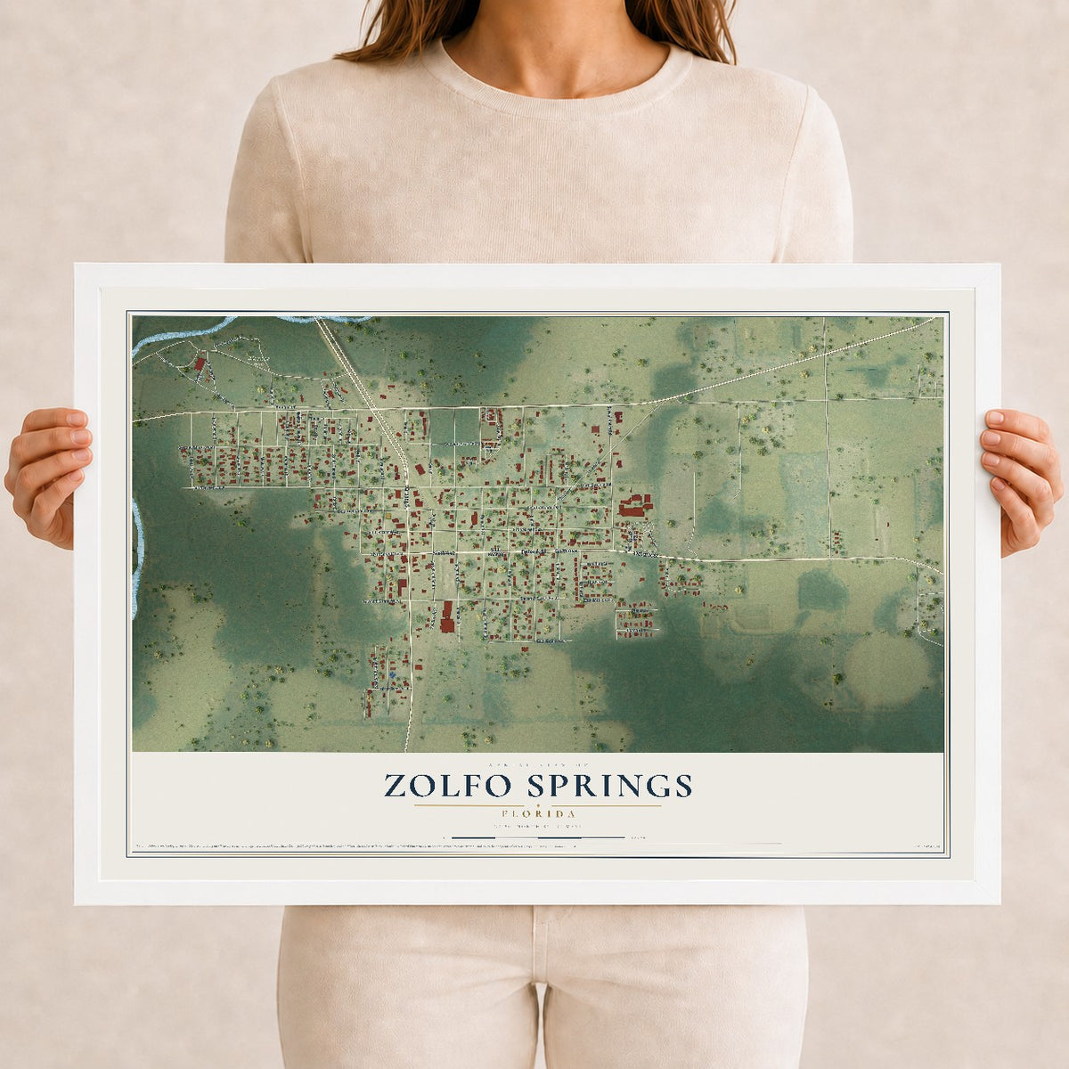 Zolfo Springs, Florida map print, 12" x 18" W/ White Ayous Wood Frame mockup