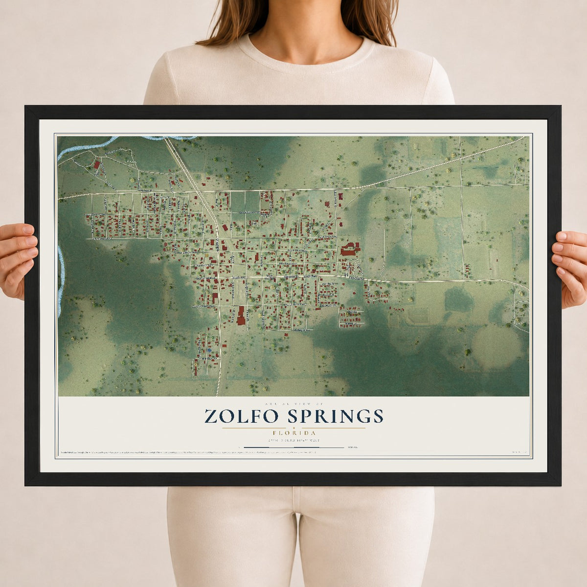 Zolfo Springs, Florida map print, 18" x 24" W/ Black Ayous Wood Frame mockup