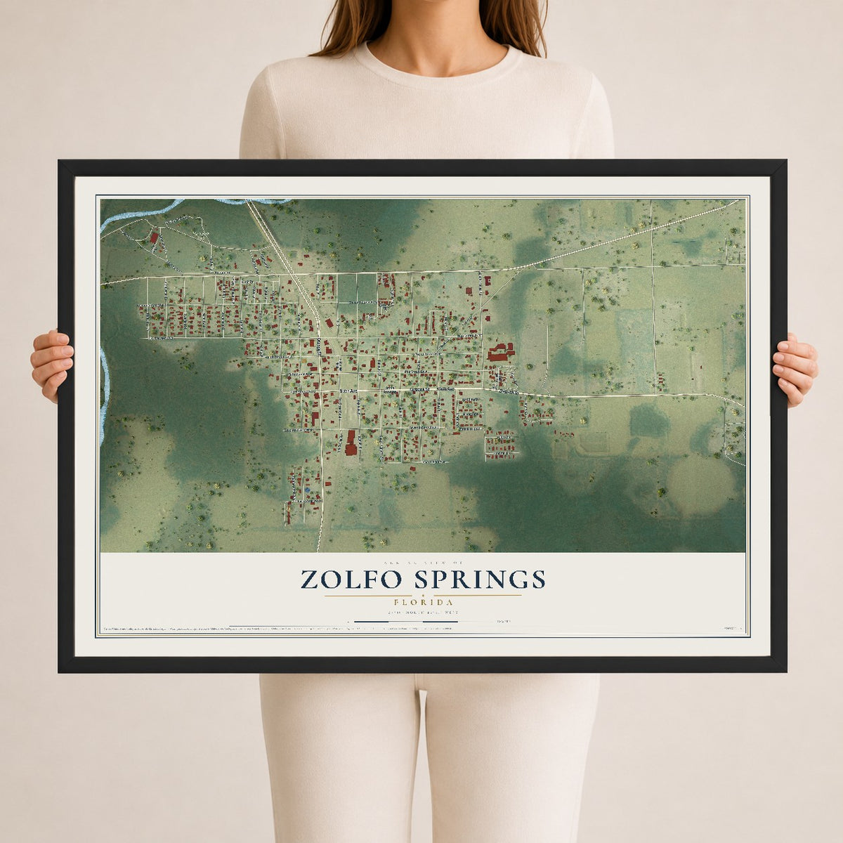 Zolfo Springs, Florida map print, 24" x 36" W/ Black Ayous Wood Frame mockup