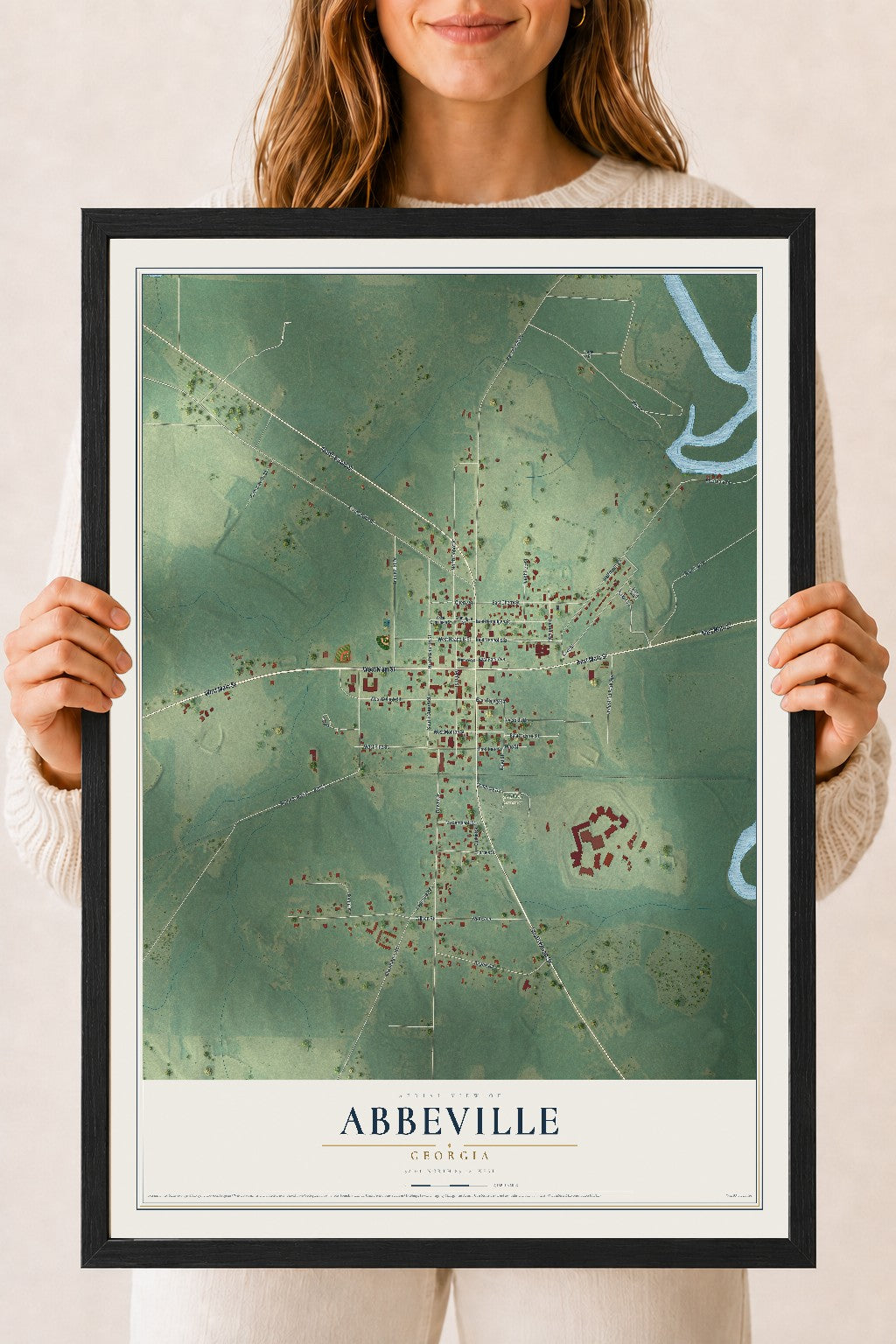Abbeville, Georgia map print, 18" x 24" W/ Black Ayous Wood Frame mockup
