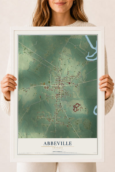 Abbeville, Georgia map print, 18" x 24" W/ White Ayous Wood Frame mockup