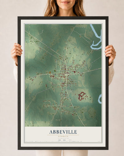 Abbeville, Georgia map print, 24" x 36" W/ Black Ayous Wood Frame mockup