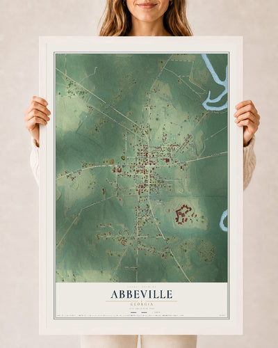Abbeville, Georgia map print, 24" x 36" W/ White Ayous Wood Frame mockup