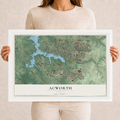 Acworth, Georgia map print, 12" x 18" W/ White Ayous Wood Frame mockup
