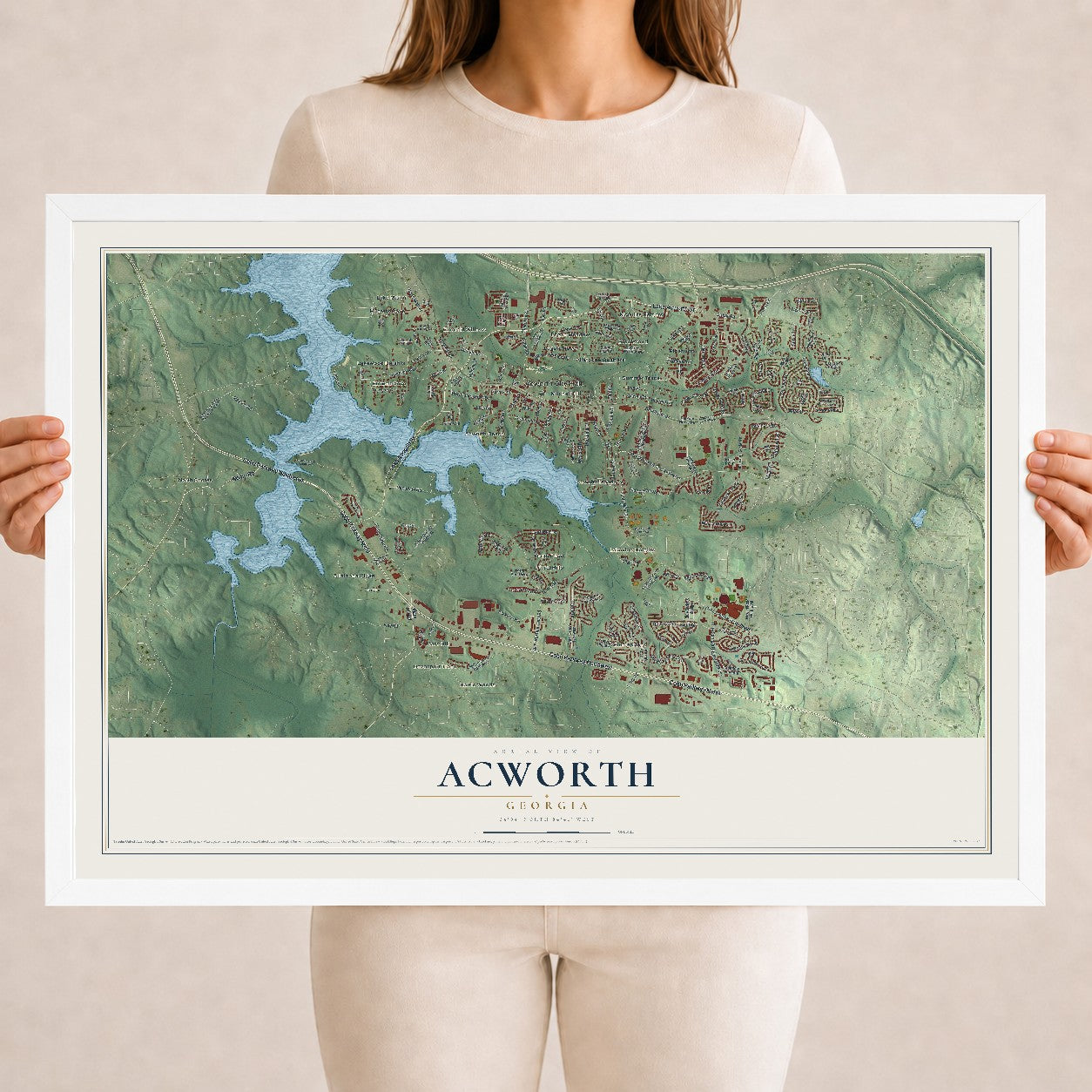 Acworth, Georgia map print, 18" x 24" W/ White Ayous Wood Frame mockup