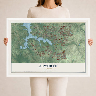 Acworth, Georgia map print, 24" x 36" W/ White Ayous Wood Frame mockup