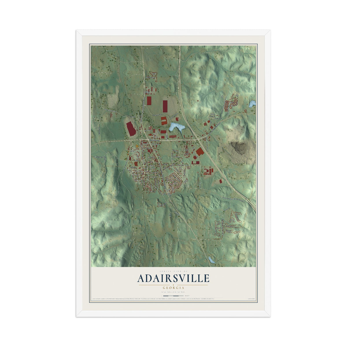 Adairsville, Georgia map print, 12" x 18" W/ White Ayous Wood Frame mockup