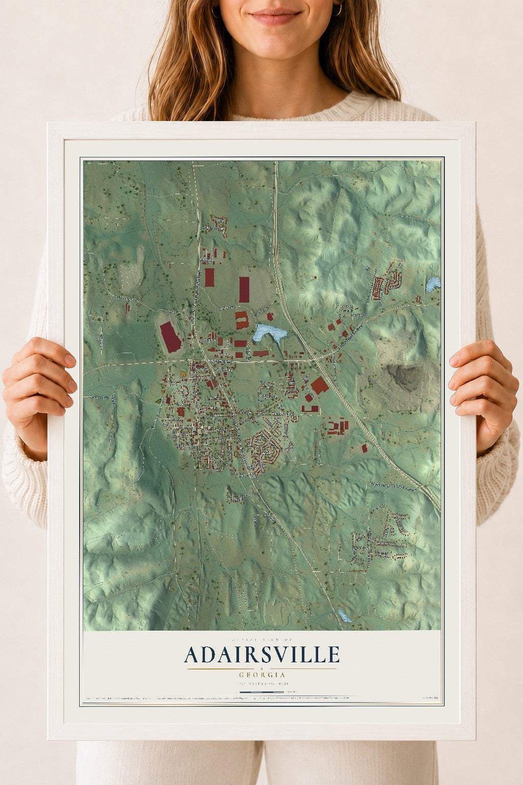 Adairsville, Georgia map print, 18" x 24" W/ White Ayous Wood Frame mockup